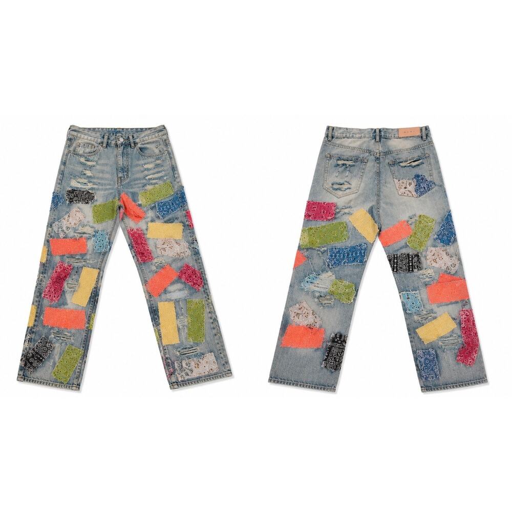 MNMI Patchwork Distressed Jeans Bandana Crochet Reworked Denim 28”